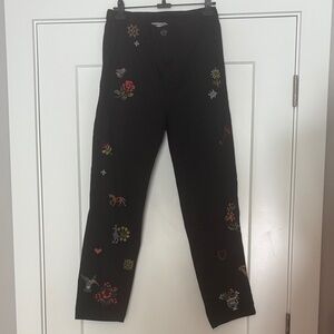 Johnny Was Black Embroidered Straight Leg Pants NWT